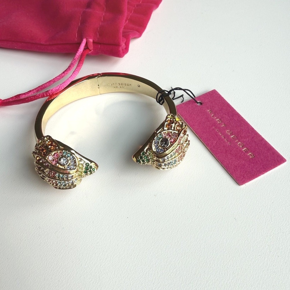 NWT Kurt Geiger Rainbow Crystal Eagle Hinged Bangle Gold Tone Cuff Bracelet - Picture 4 of 10